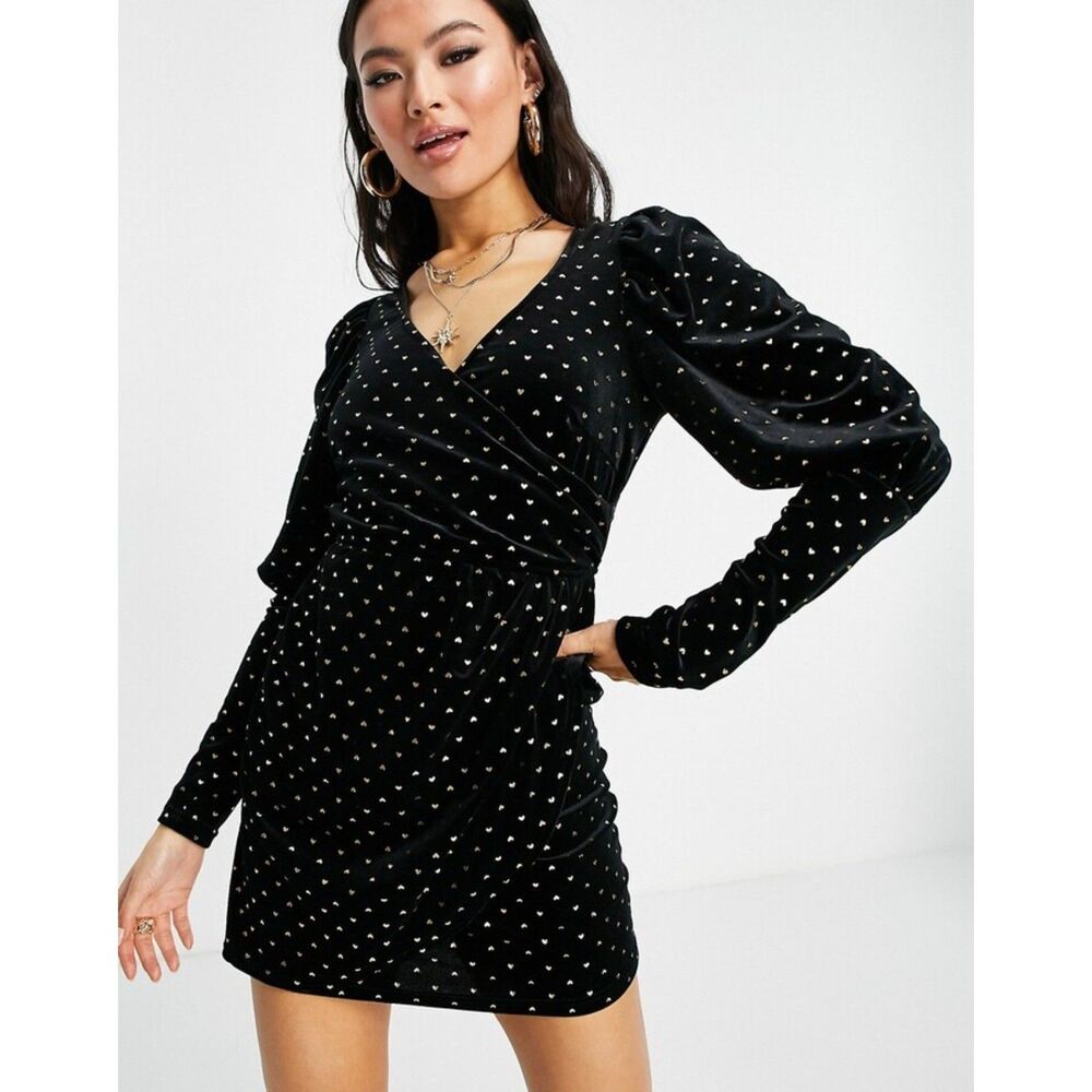 Saint Genies Velvet Wrap Mini Dress with Gold Heart Embellishments - Size US 4